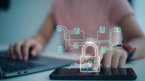 businesswoman use laptop secure encryption to access data and do