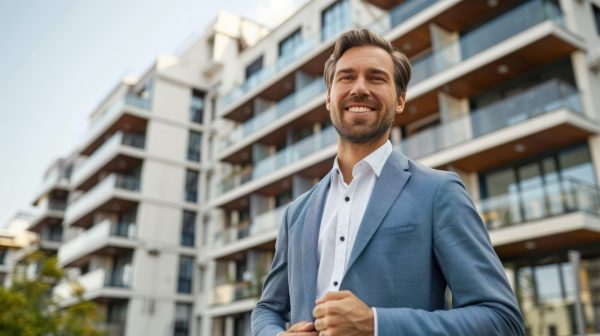 a confident commercial real estate agent showcasing a diverse portfolio of properties to potential investors.