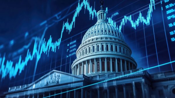 the u.s. capitol building prominently featured against a dynamic stock market chart backdrop in a vibrant blue color theme, rendered in ultra high definition with hyper realistic details. this concept