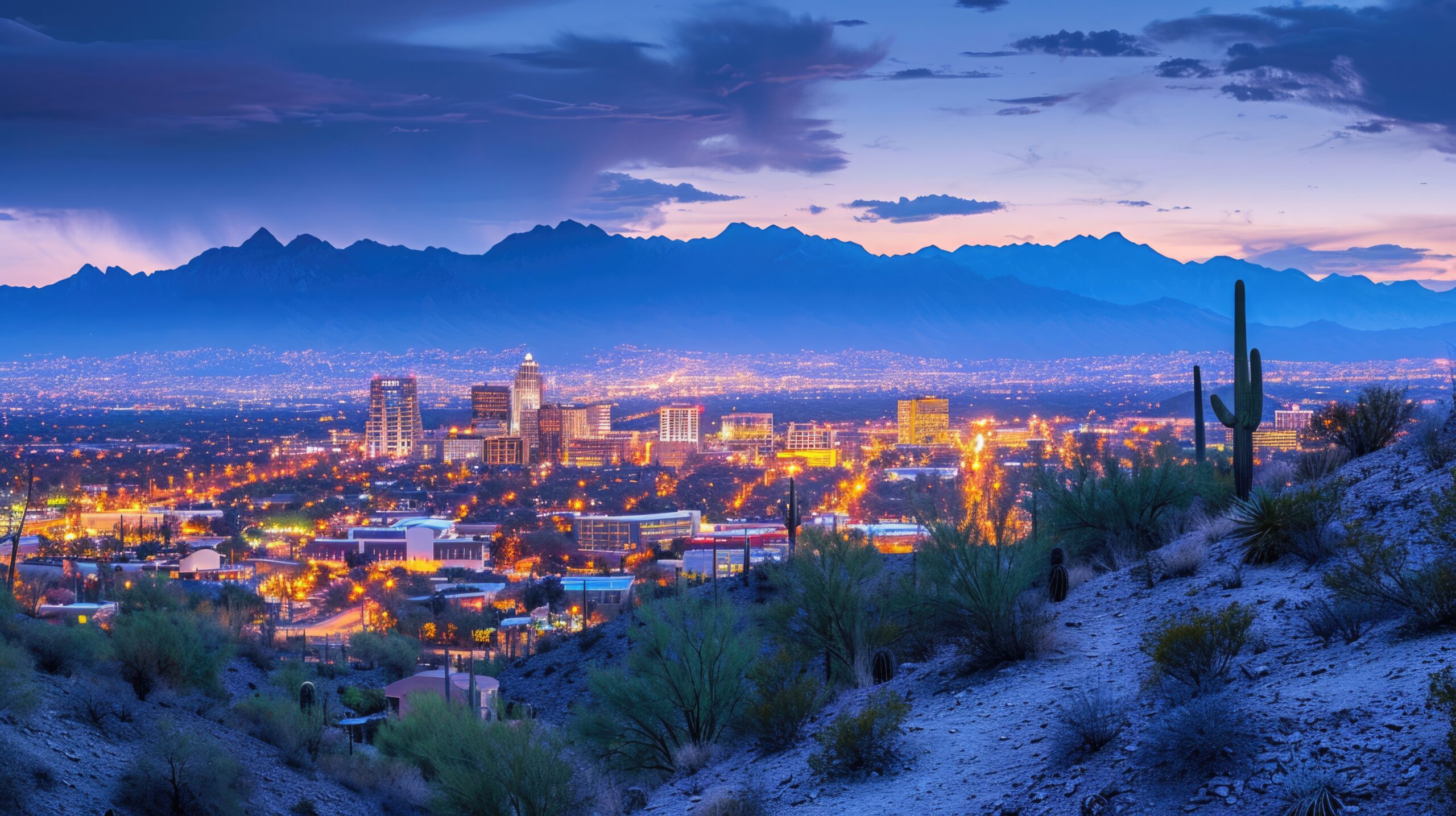 tucson twilight: panoramic view of downtown skyline from sentinel peak park, arizona