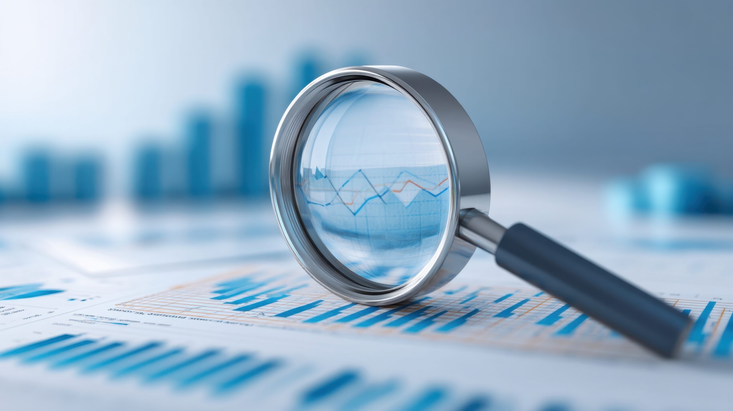 magnifying glass focus on financial graphs with data charts and business analytics for market research and investment analysis concepts