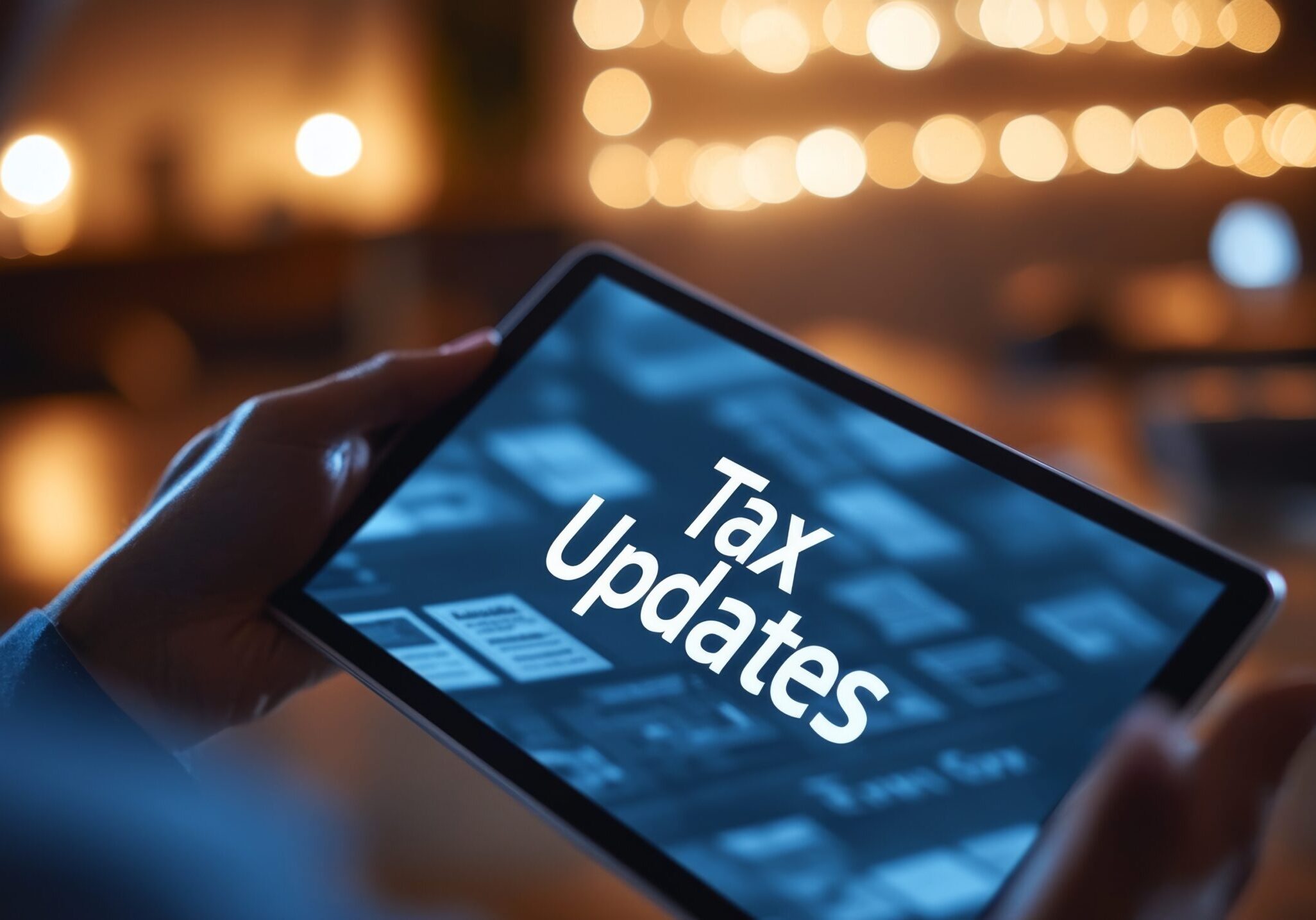tax updates on tablet, person reading financial news, potential usecase for finance, accounting, and tax related concepts