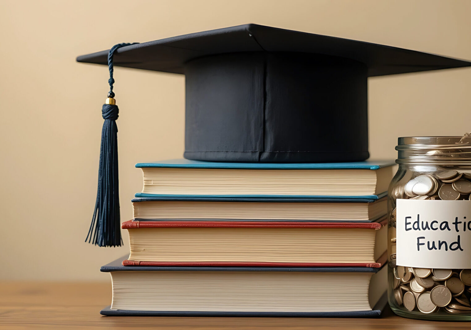 Pile of books with a graduation Hat on top with a jar full of coins