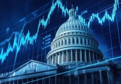 the u.s. capitol building prominently featured against a dynamic stock market chart backdrop in a vibrant blue color theme, rendered in ultra high definition with hyper realistic details. this concept