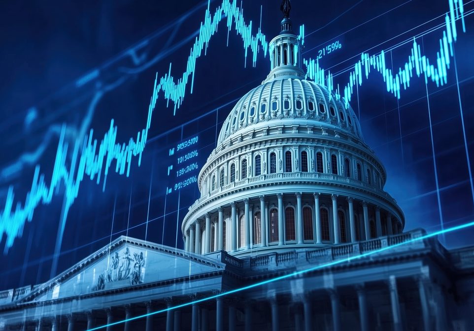 the u.s. capitol building prominently featured against a dynamic stock market chart backdrop in a vibrant blue color theme, rendered in ultra high definition with hyper realistic details. this concept