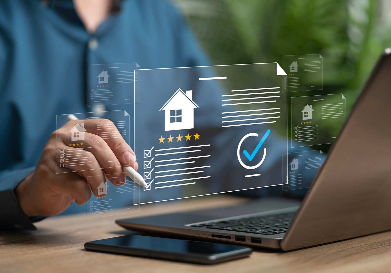 real estate reviews property evaluation and customer satisfaction concept, businessman reviews real estate document, estate reviews and ratings customer service, management for profit, online review