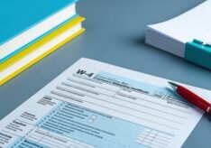 w 4 form preparation: filling out employee's withholding certificate with pen and documents for tax season