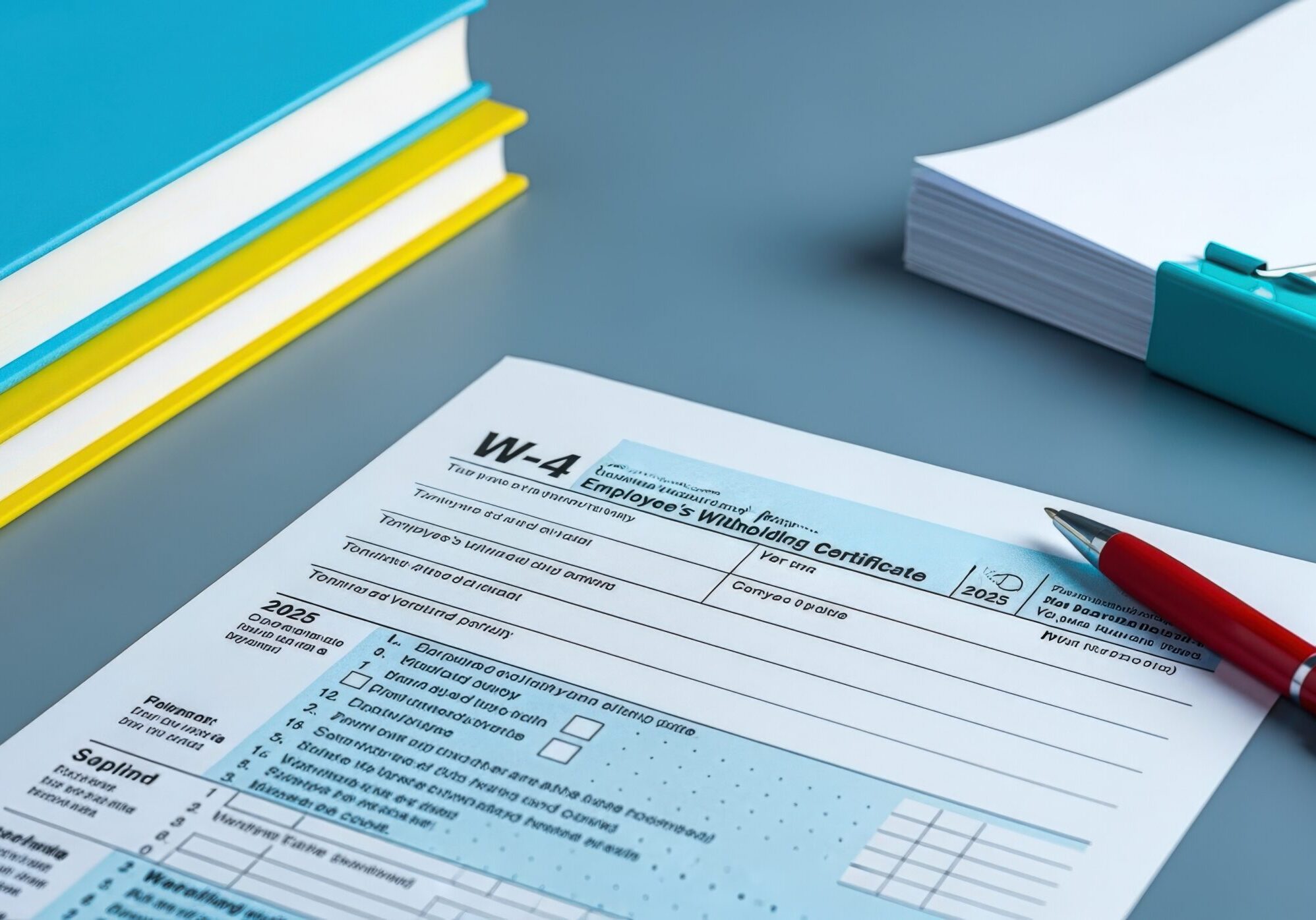 w 4 form preparation: filling out employee's withholding certificate with pen and documents for tax season