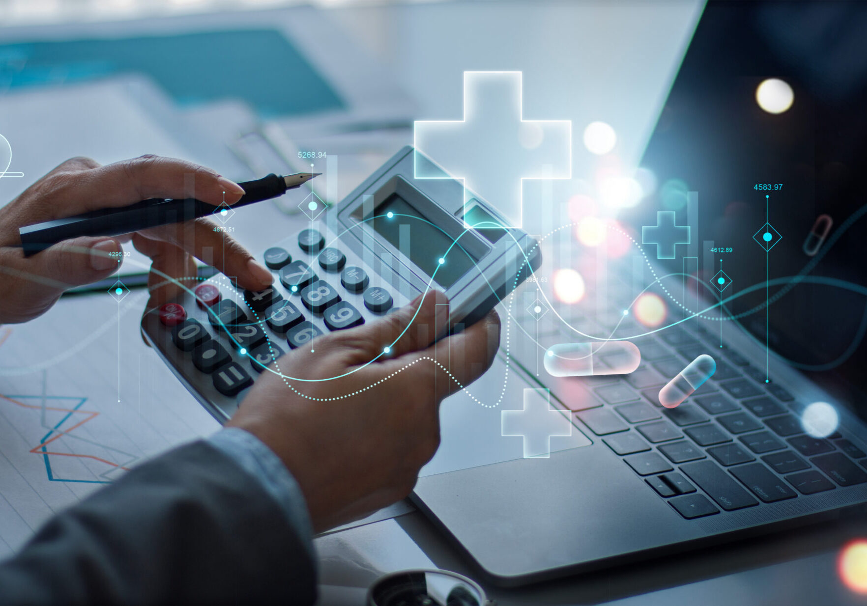 healthcare business graph data, businessman use calculator to calculate growth investment medical business, investor and financial, people develop attention healthcare and rising growth in hospital.