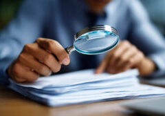 audit and fraud investigation using magnifying glass inspection auditor examining documents financial discrepancy detection forensic accounting review compliance verification