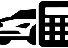 Black and white minimalist icon featuring the front profile of a car next to a calculator, representing auto loan calculation or vehicle expenses.