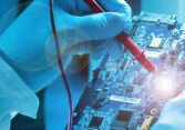the scientist works in a modern scientific laboratory for the research and development of microelectronics and processors. microprocessor manufacturing worker uses computer technology and equipment.