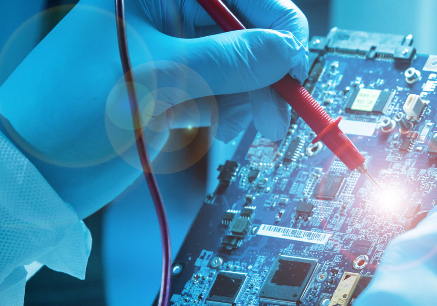 the scientist works in a modern scientific laboratory for the research and development of microelectronics and processors. microprocessor manufacturing worker uses computer technology and equipment.