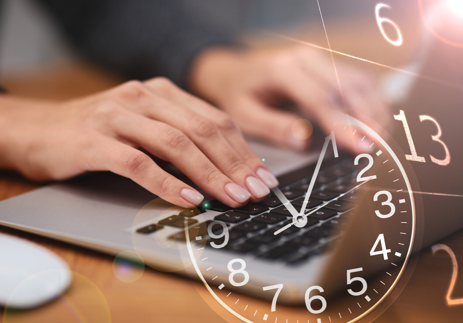 multiple exposure of woman working on laptop, calendar and clock