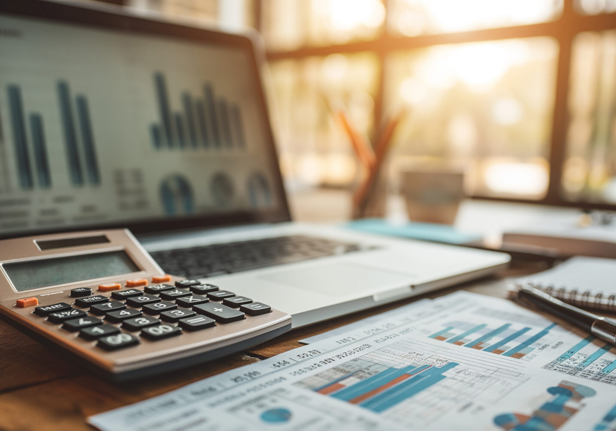 an office desk of an accountant or financial advisor with calculator, laptop and financial documents and charts