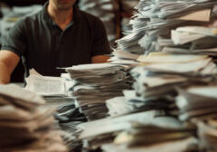 an accountant reviewing a large stack of invoices and receipts, emphasizing the volume of work and attention to detail required. dynamic and dramatic composition, with copy space