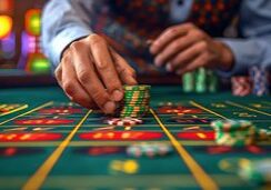 close up of player placing bet on roulette table in a casino.